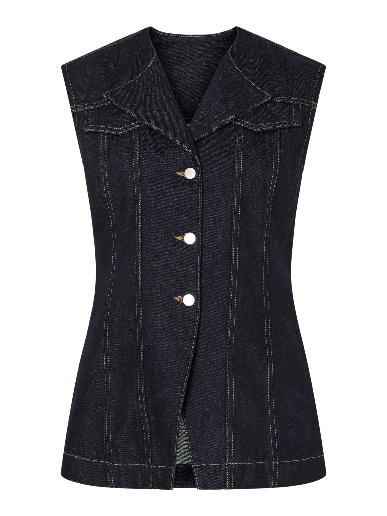 mørkeblå denimvest med v-hals og knaplukning foran. PIECES PCNUA Denimvest Indigo