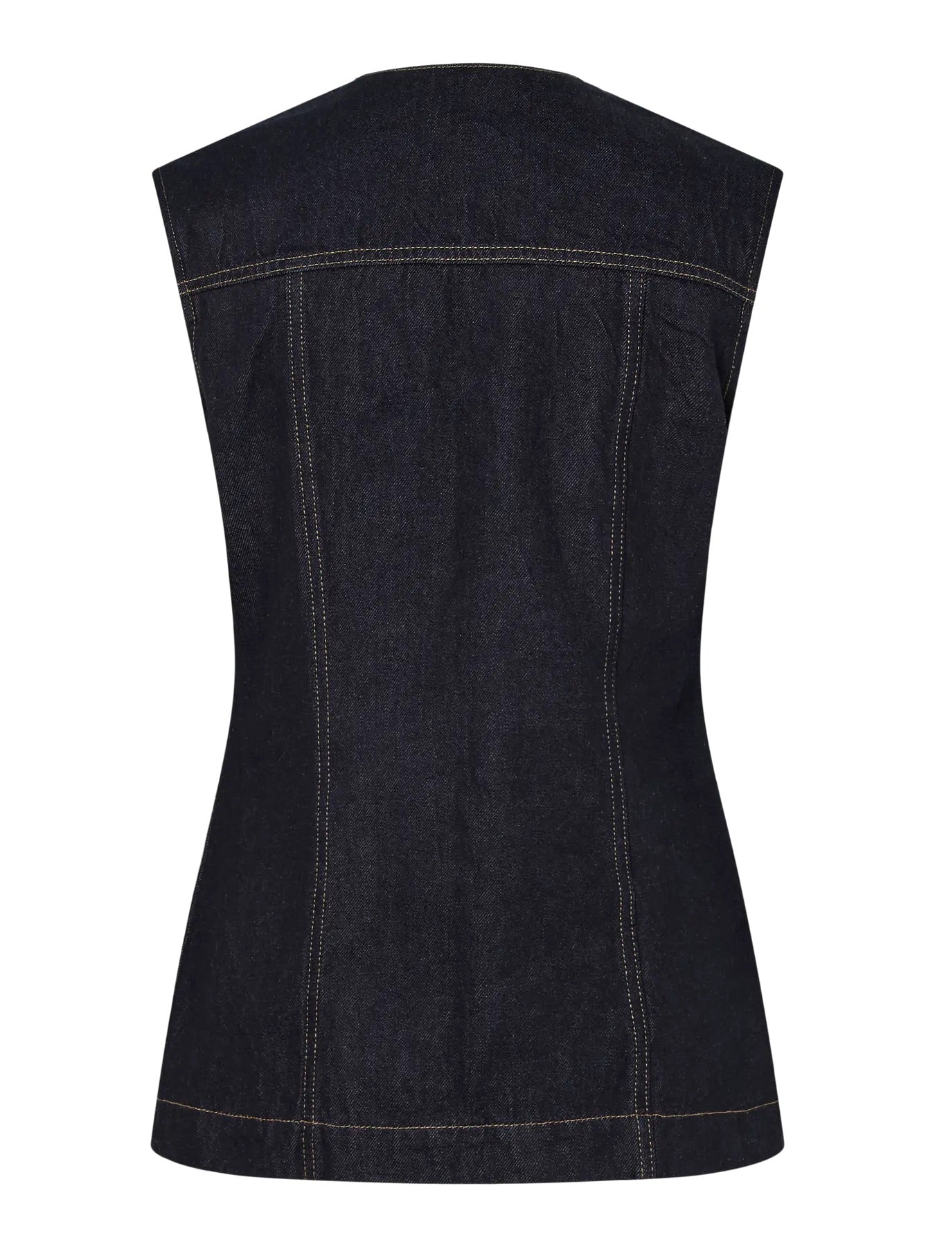 ryggen af mørkeblå denimvest med v-hals og knaplukning foran. PIECES PCNUA Denimvest Indigo