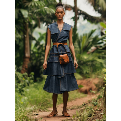 model med ærmeløs blå denimkjole med skørt i flere lag. NÜ Ziga denimkjole