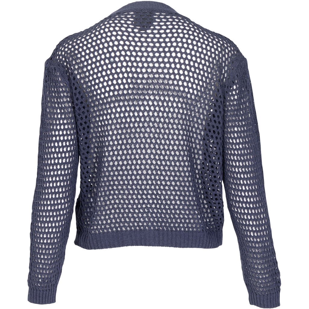 ryggen af navy blå cardigan med hullet design og knaplukning. NÜ Yadira cardigan knit Navy