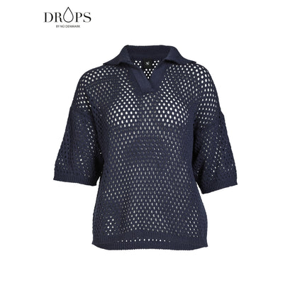 kortærmet blå strikbluse med krave, v-hals og et hullet design. NÜ Yadira blouse knit Navy