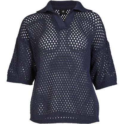 kortærmet blå strikbluse med krave, v-hals og et hullet design. NÜ Yadira blouse knit Navy