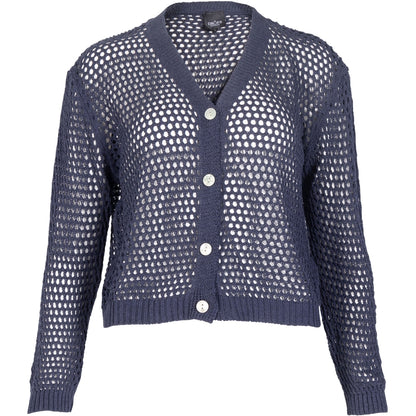 navy blå cardigan med hullet design, v-hals og knaplukning. NÜ Yadira cardigan knit Navy