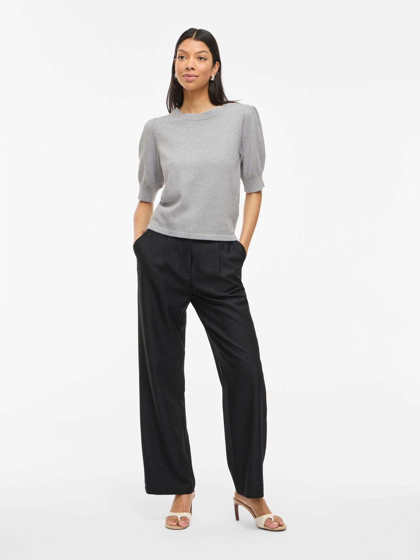 VILA VIRIL KORTÆRMET STRIKKET TOP  |  Light Grey Melange