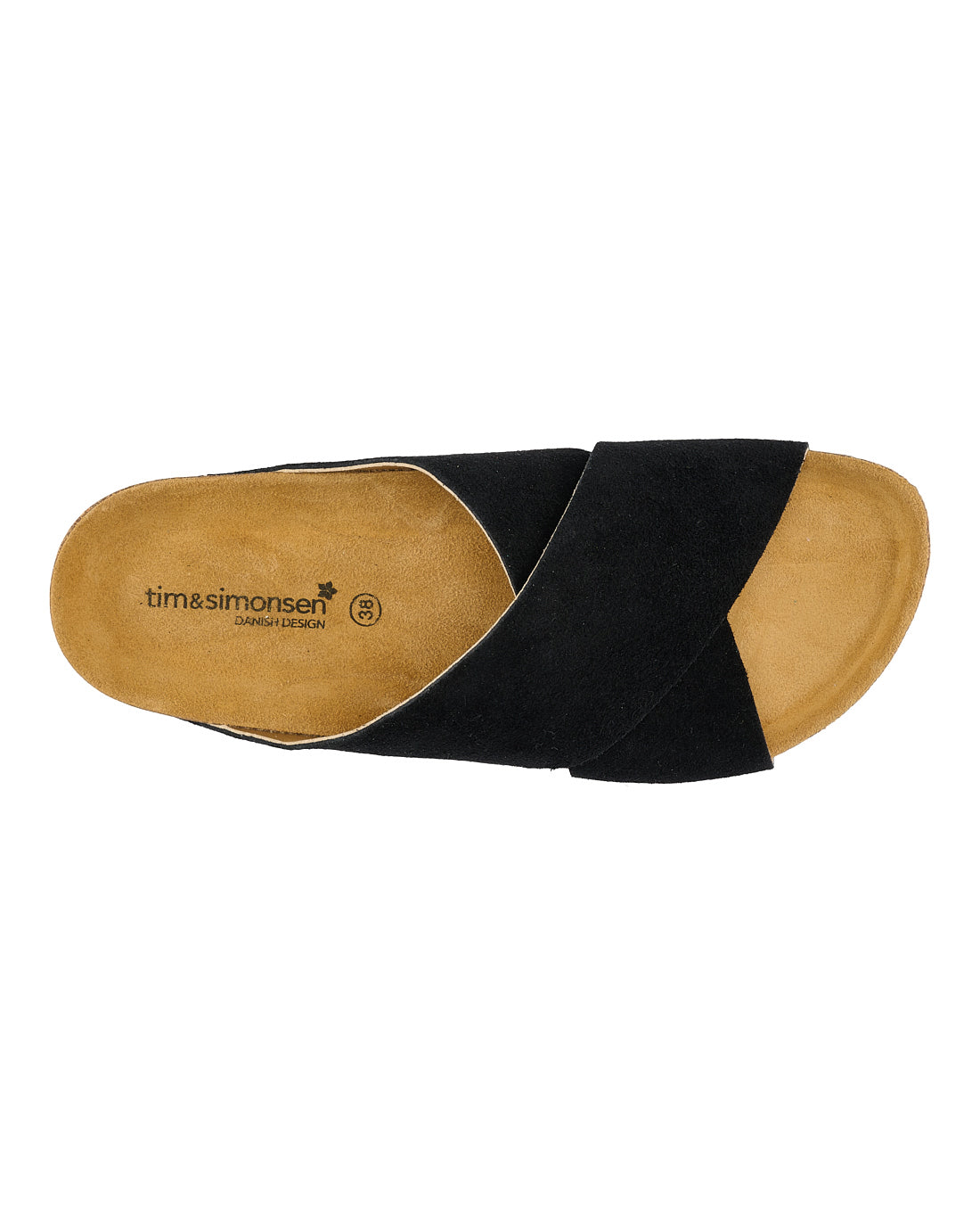 billede oppefra af sort sandal med krydsende remme i ruskind. Tim & Simonsen Annet Nature Negro