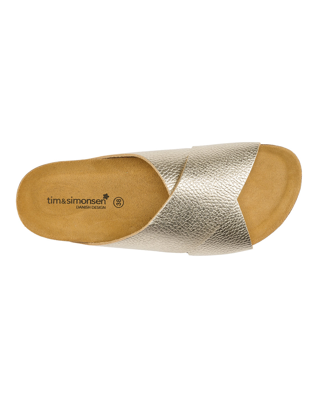billede oppefra af sandal med krydsende remme i metallic læder. Tim & Simonsen Annet Nature Platino