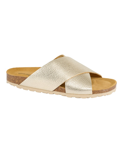 sandal med krydsende remme i metallic læder. Tim & Simonsen Annet Nature Platino