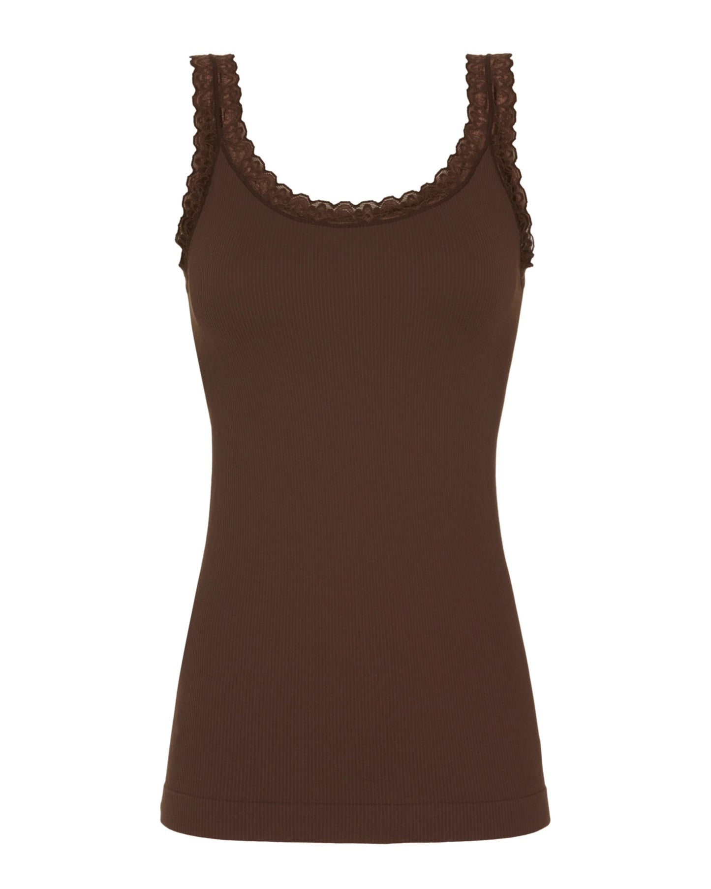 Brun top med blondetaljer ved stropperne Tim & Simonsen Frida rib Top Cioccolato