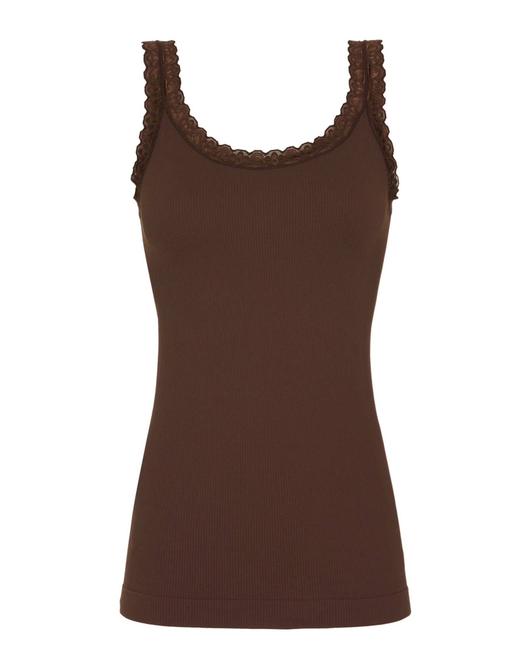 Brun top med blondetaljer ved stropperne Tim & Simonsen Frida rib Top Cioccolato