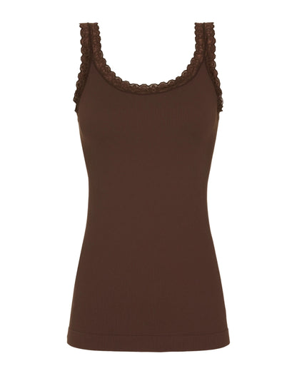 Brun top med blondetaljer ved stropperne Tim & Simonsen Frida rib Top Cioccolato