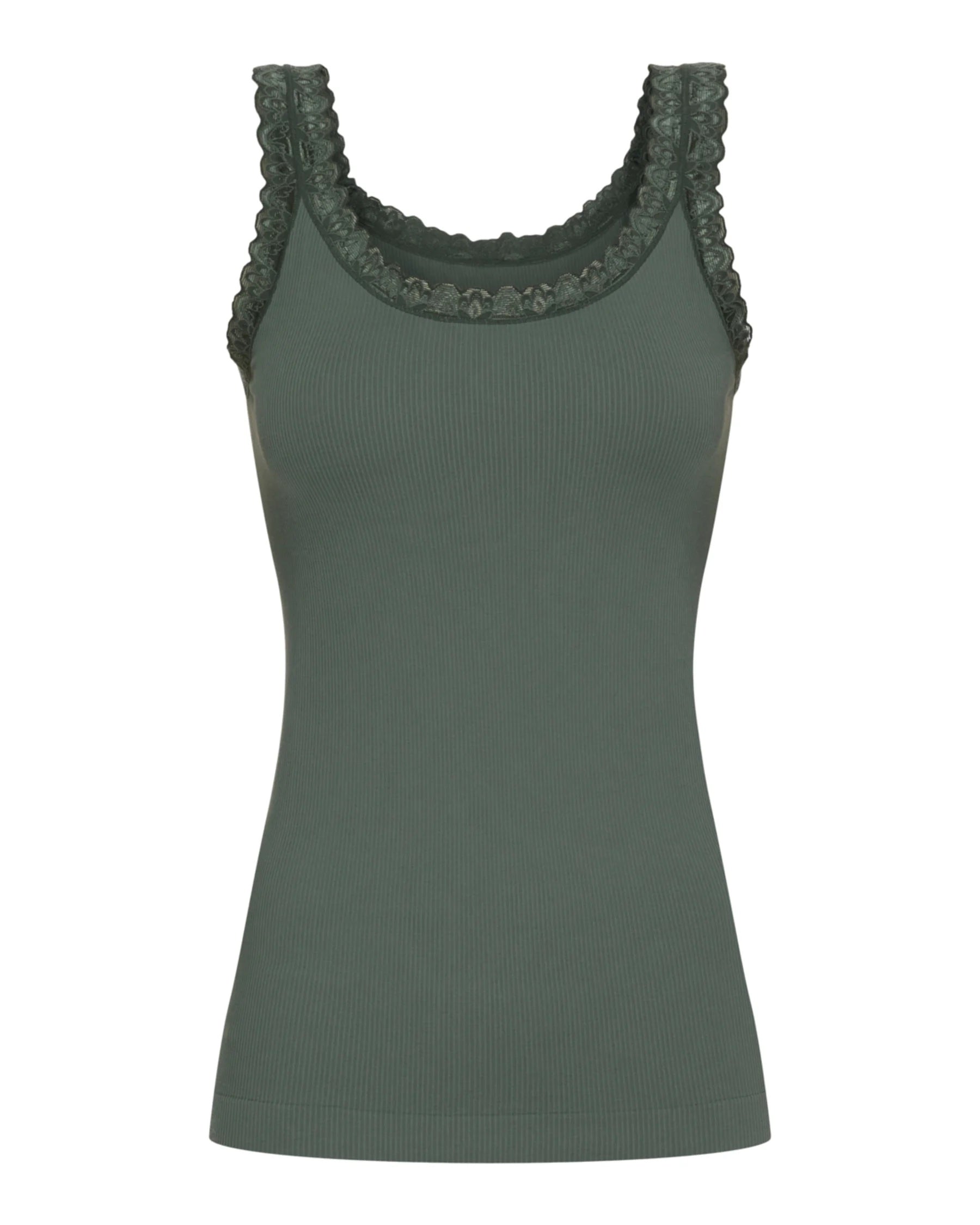 Støvet grøn rib top med blondedetalje ved stropperne Tim & Simonsen Frida rib Top Olivia