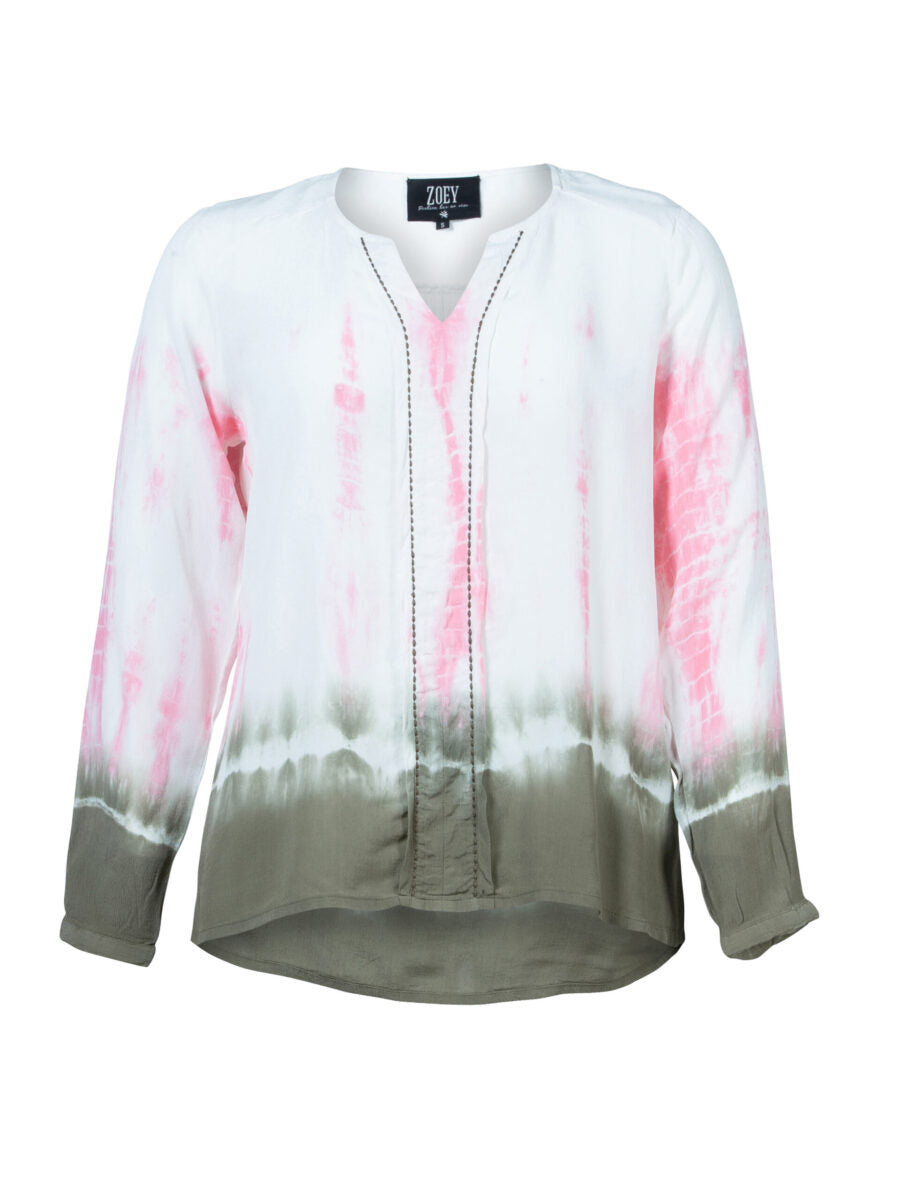 Zoey langærmet bluse pink grøn hvid tie dye mønster KARLA BLOUSE pink mix