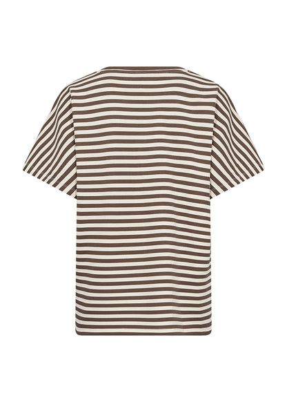 ryggen af kortærmet stribet t-shirt i brun og hvid. Soyaconcept SC-BARNI 31 Stribet T-shirt Hot Fudge Combi