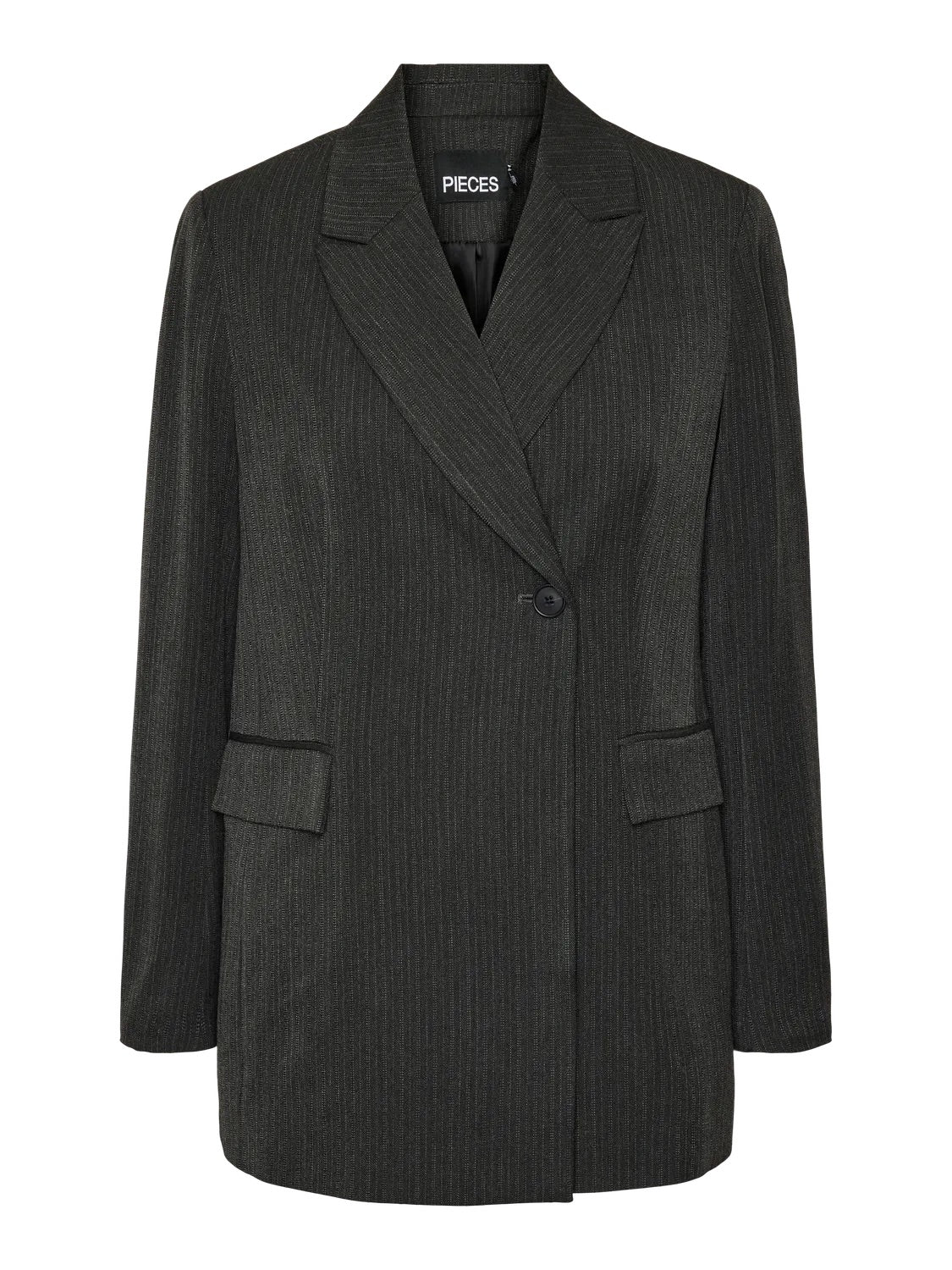 mørkegrå blazer med meget tynde striber og enkelt knappelukning. PIECES PCTALIA LS BLAZER Dark Grey