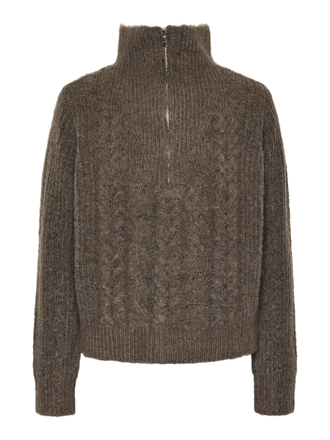 Brun strik med høj hals og halv lynlås lukning. PIECES PCKAMILLA LS HALF ZIP KNIT Morel
