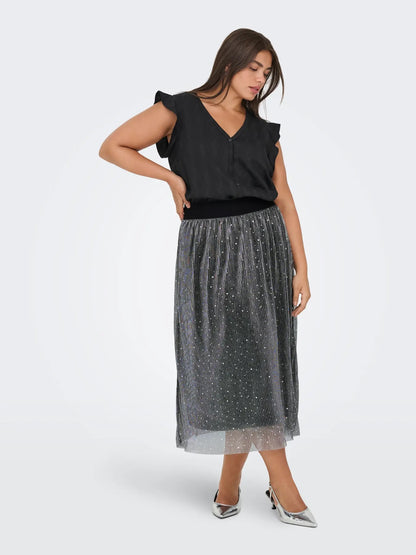ONLY Carmakoma CARDORIS Midi Skirt | Black Silver Glitter