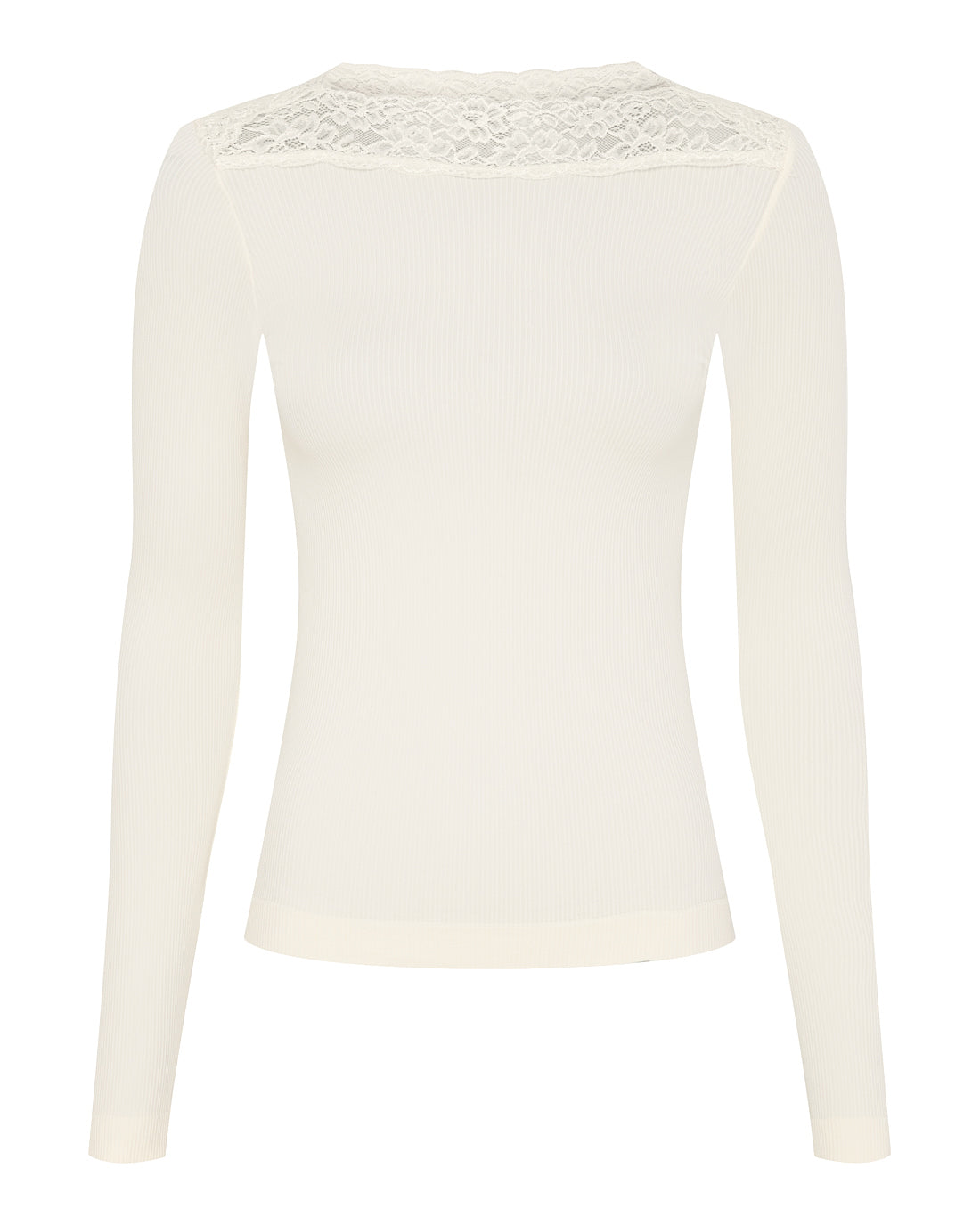 Lys beige rib bluse med blondedetaljer ved halsen Tim & Simonsen Anita rib T-shirt LS Panna