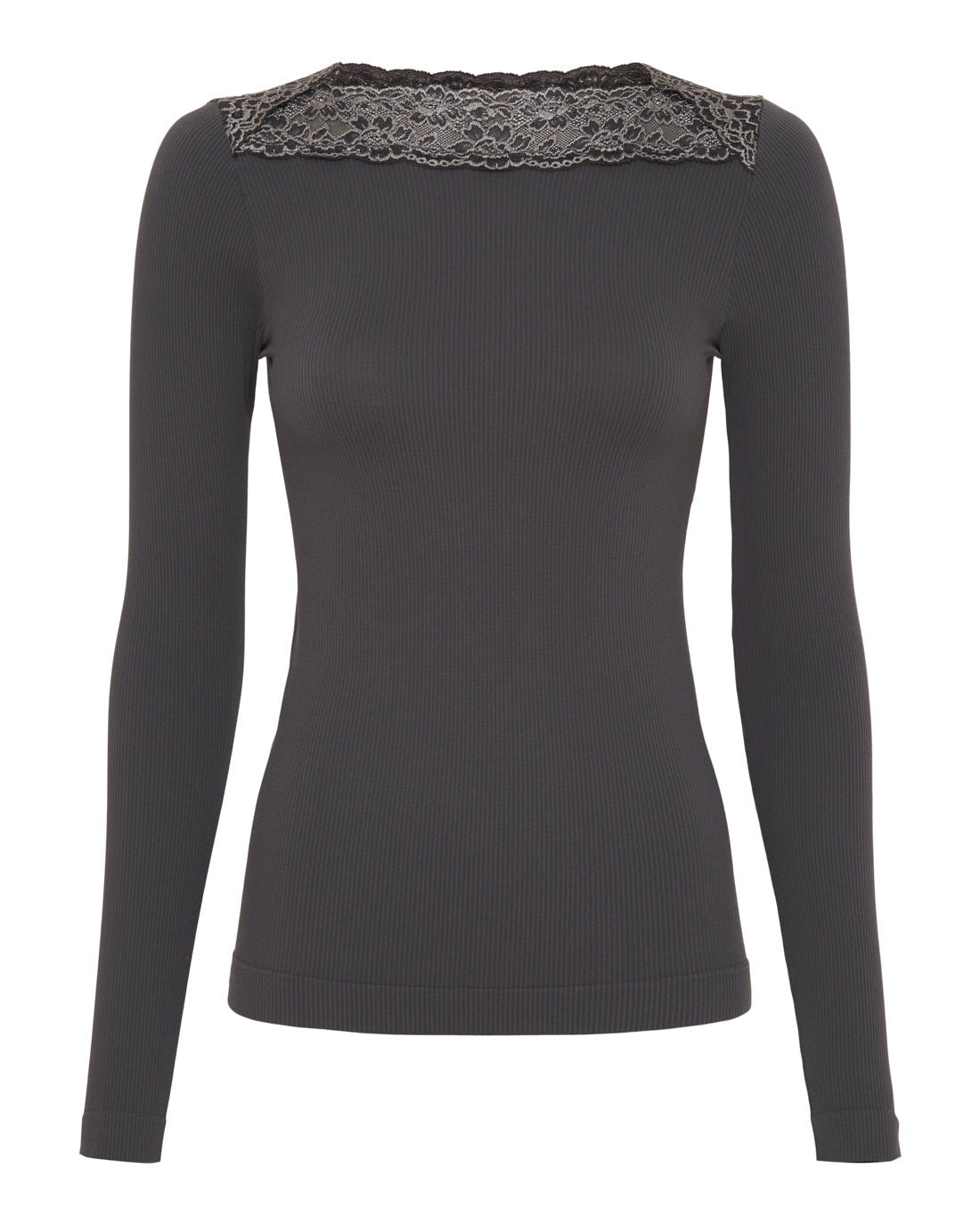 Grå rub bluse med lange ærmer og blonder ved halsen Tim & Simonsen Anita rib T-shirt LS Antracite