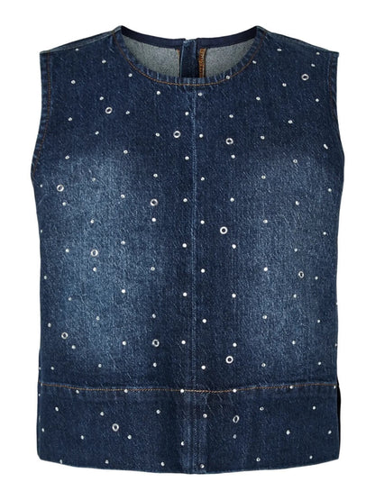 ærmeløs blå denimtop med knitter. PIECES PCMERLE DENIM TOP Dark Blue Denim