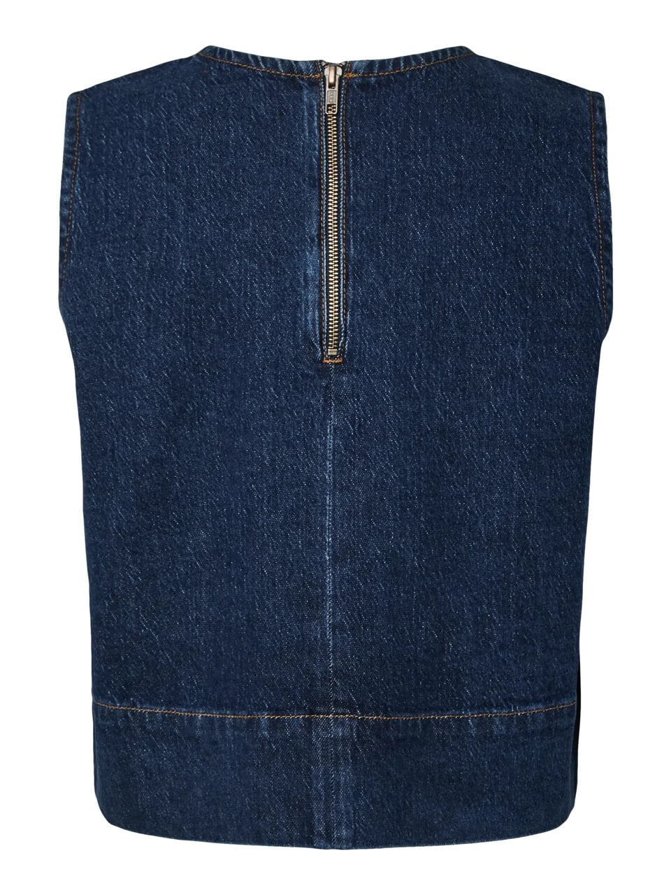 lynlås i nakken på ærmeløs blå denimtop med knitter. PIECES PCMERLE DENIM TOP Dark Blue Denim