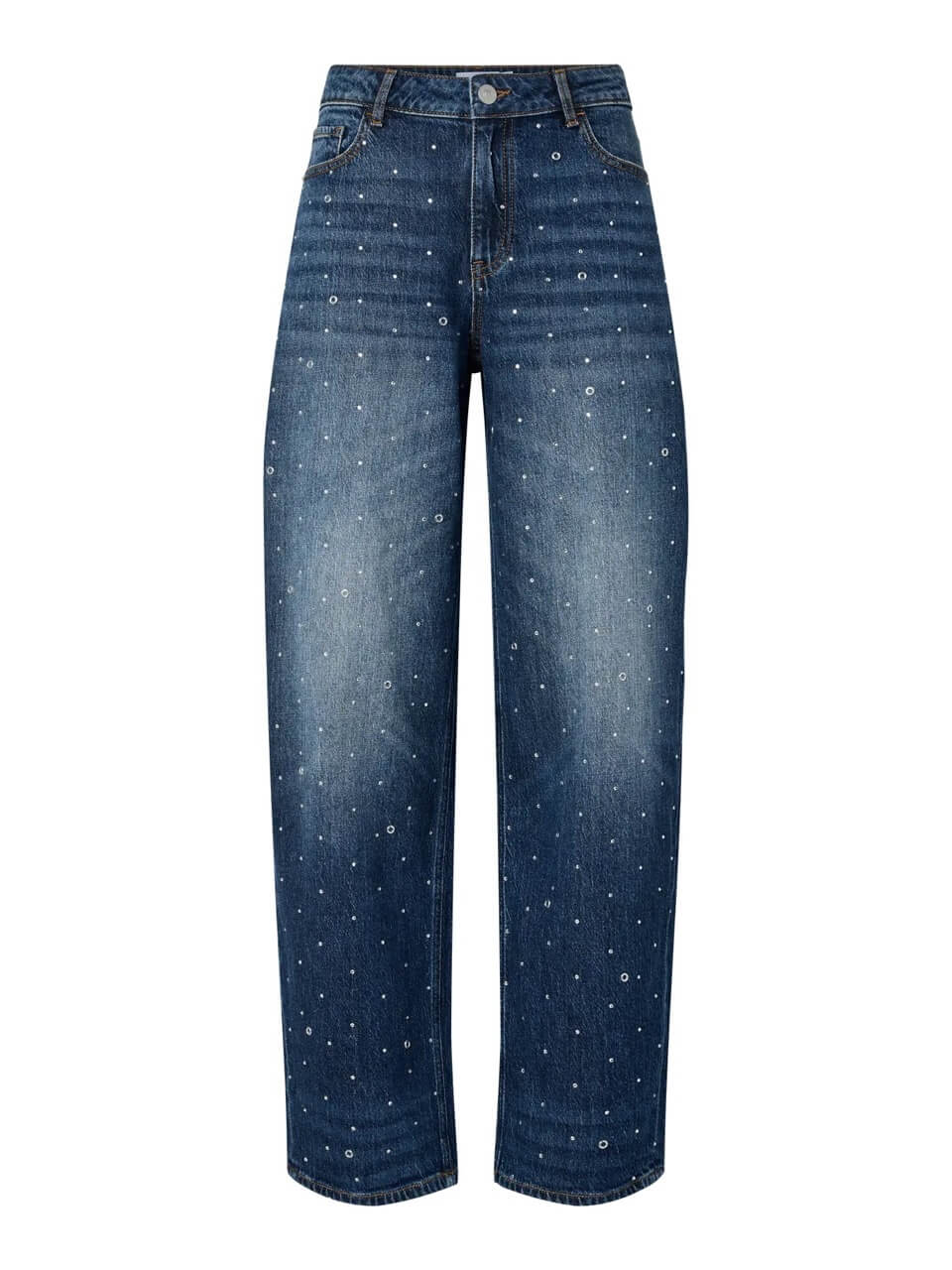 blå jeans med nitter foran og barrel fit. PIECES PCMERLE JEANS Dark Blue Denim