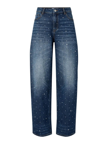 blå jeans med nitter foran og barrel fit. PIECES PCMERLE JEANS Dark Blue Denim