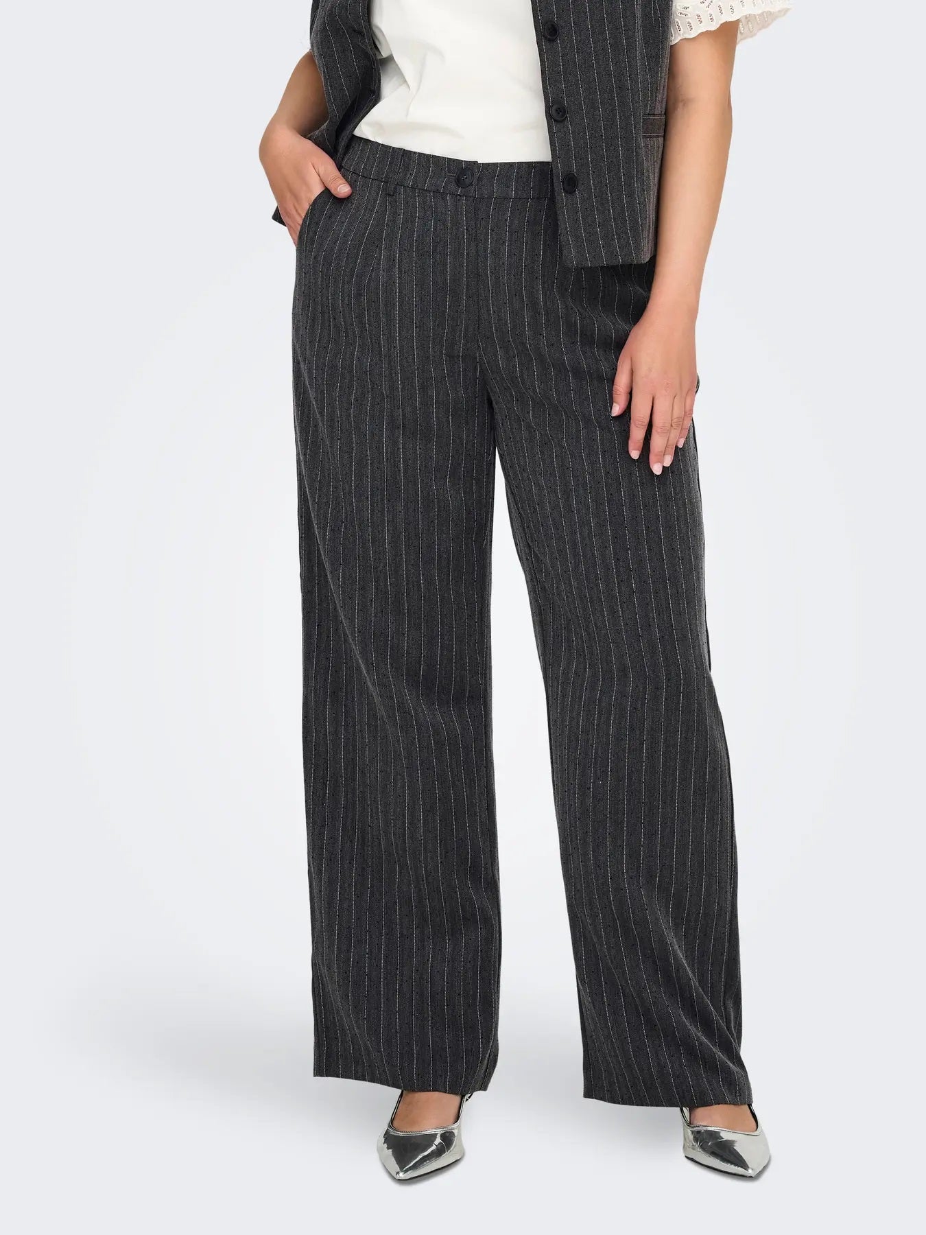 ONLY Carmakoma CARSIGA Wide Pant | Dark Grey Melange/Pinstripe W. Rhinestones
