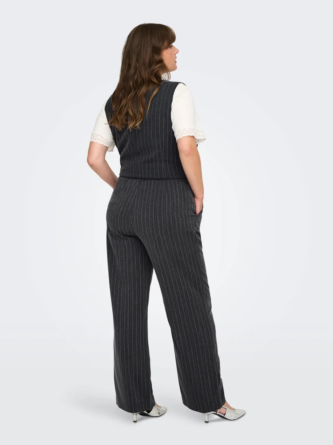 ONLY Carmakoma CARSIGA Wide Pant | Dark Grey Melange/Pinstripe W. Rhinestones