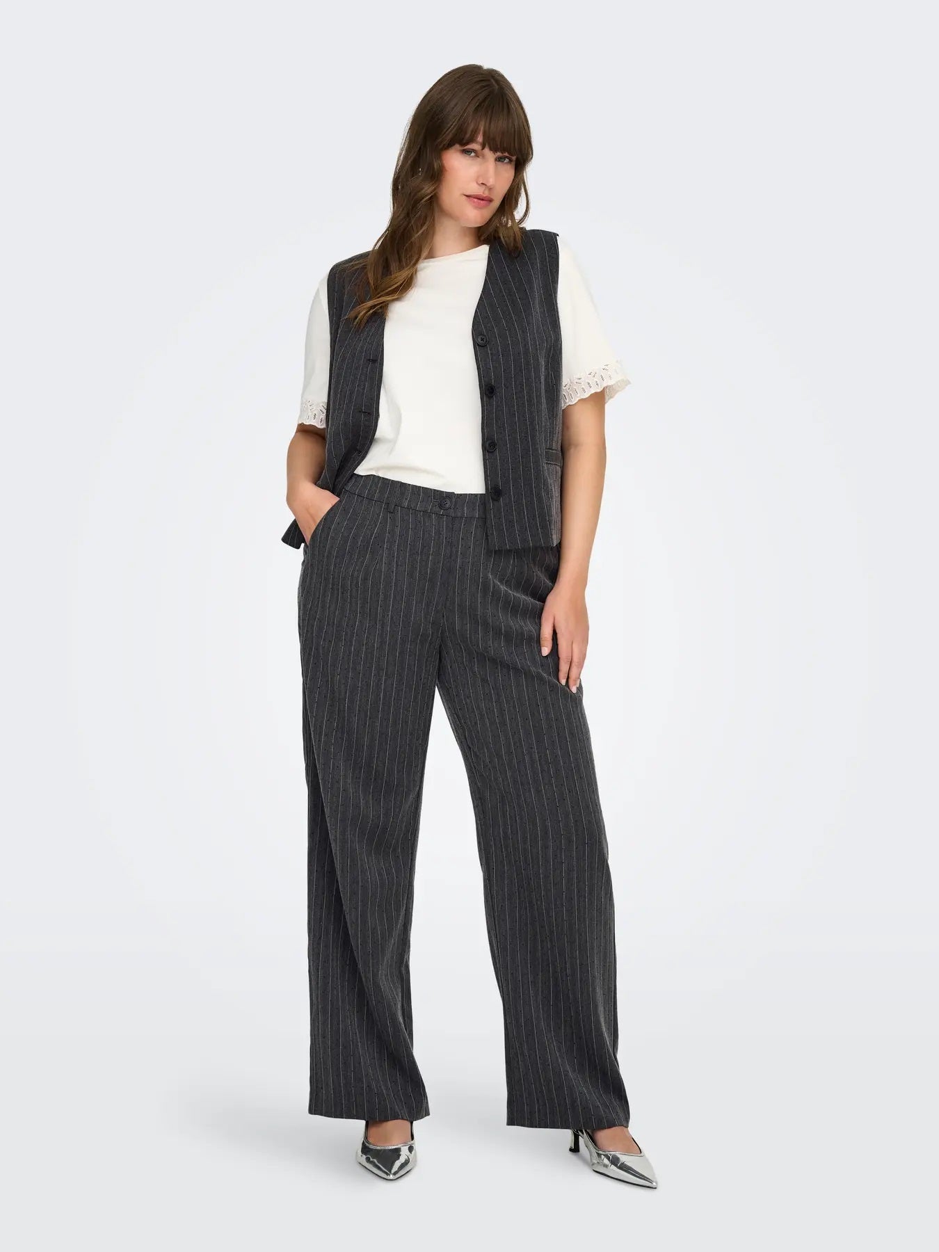 ONLY Carmakoma CARSIGA Wide Pant | Dark Grey Melange/Pinstripe W. Rhinestones