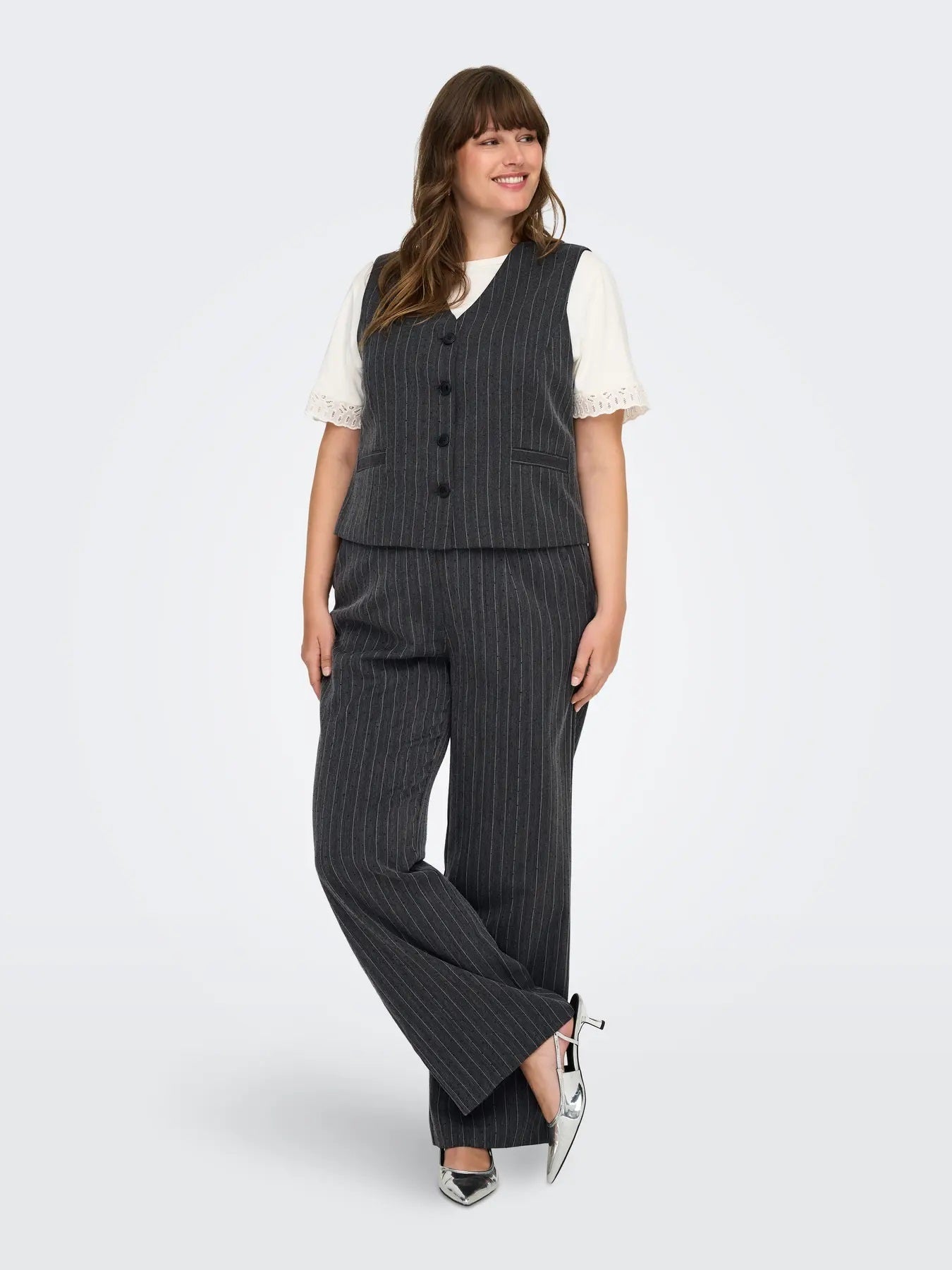 ONLY Carmakoma CARSIGA Wide Pant | Dark Grey Melange/Pinstripe W. Rhinestones