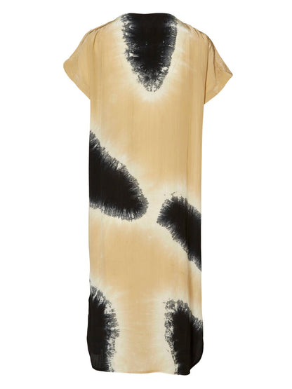 Nü sand mix Usiana Tunica Dress SUSTAINABLE sandfarvet/sort kjole med mønster korte ærmer slids i begge sider knapper foran