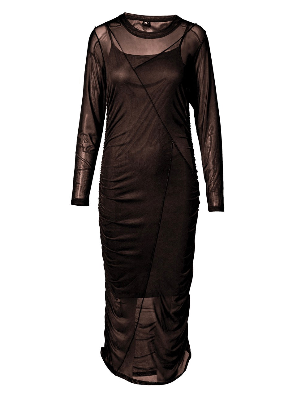 lang brun mesh kjole med rynkeeffekt i siderne. NÜ Vinja Dress RECYCLED Dark Brown