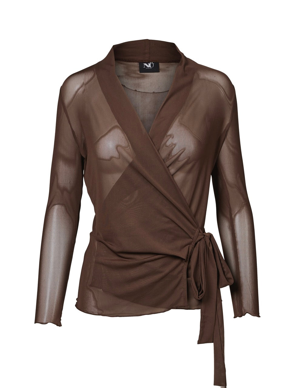 bun mesh cardigan bluse med bindebånd i siden. NÜ Vinja Wrap Cardigan RECYCLED Dark Brown