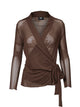 bun mesh cardigan bluse med bindebånd i siden. NÜ Vinja Wrap Cardigan RECYCLED Dark Brown