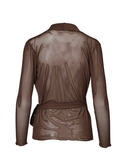 bun mesh cardigan bluse med bindebånd i siden. NÜ Vinja Wrap Cardigan RECYCLED Dark Brown