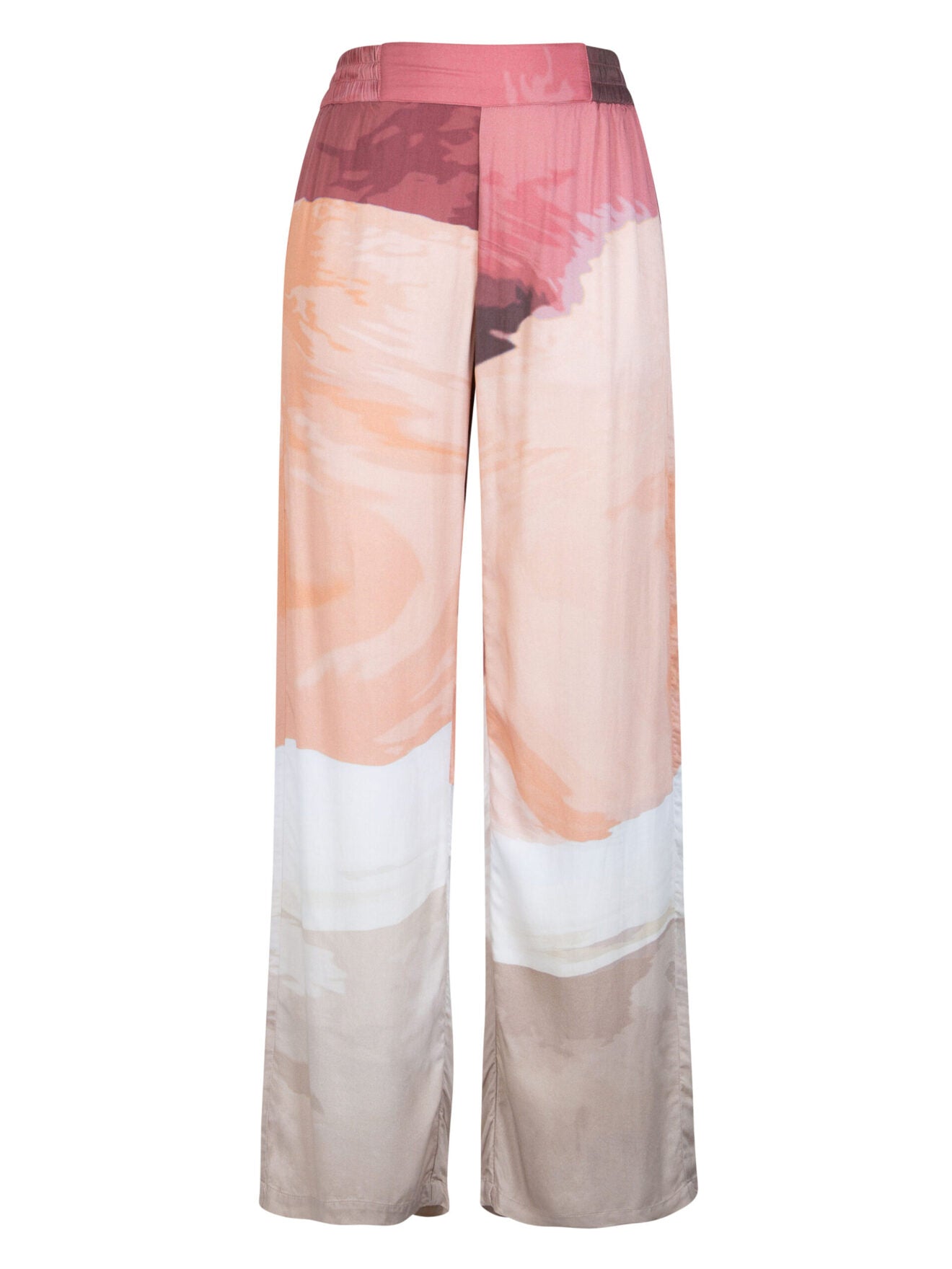 mønstrede bukser i røde og lyse nuancer med sidelommer og elastik i taljen. NÜ Elina Yola Trousers Berry Red Mix 8306-10