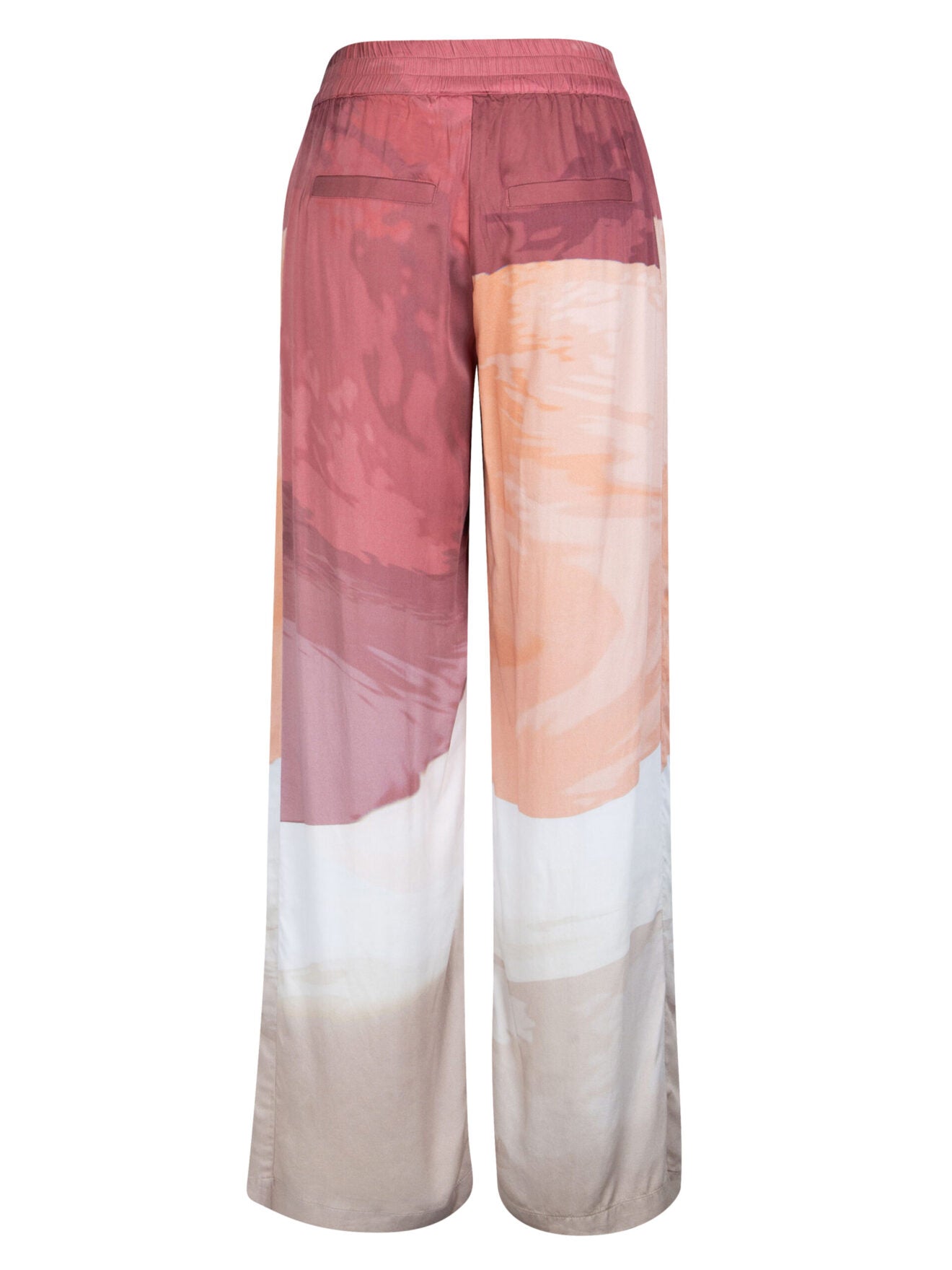 bagpå mønstrede bukser i røde og lyse nuancer med sidelommer og elastik i taljen. NÜ Elina Yola Trousers Berry Red Mix 8306-10