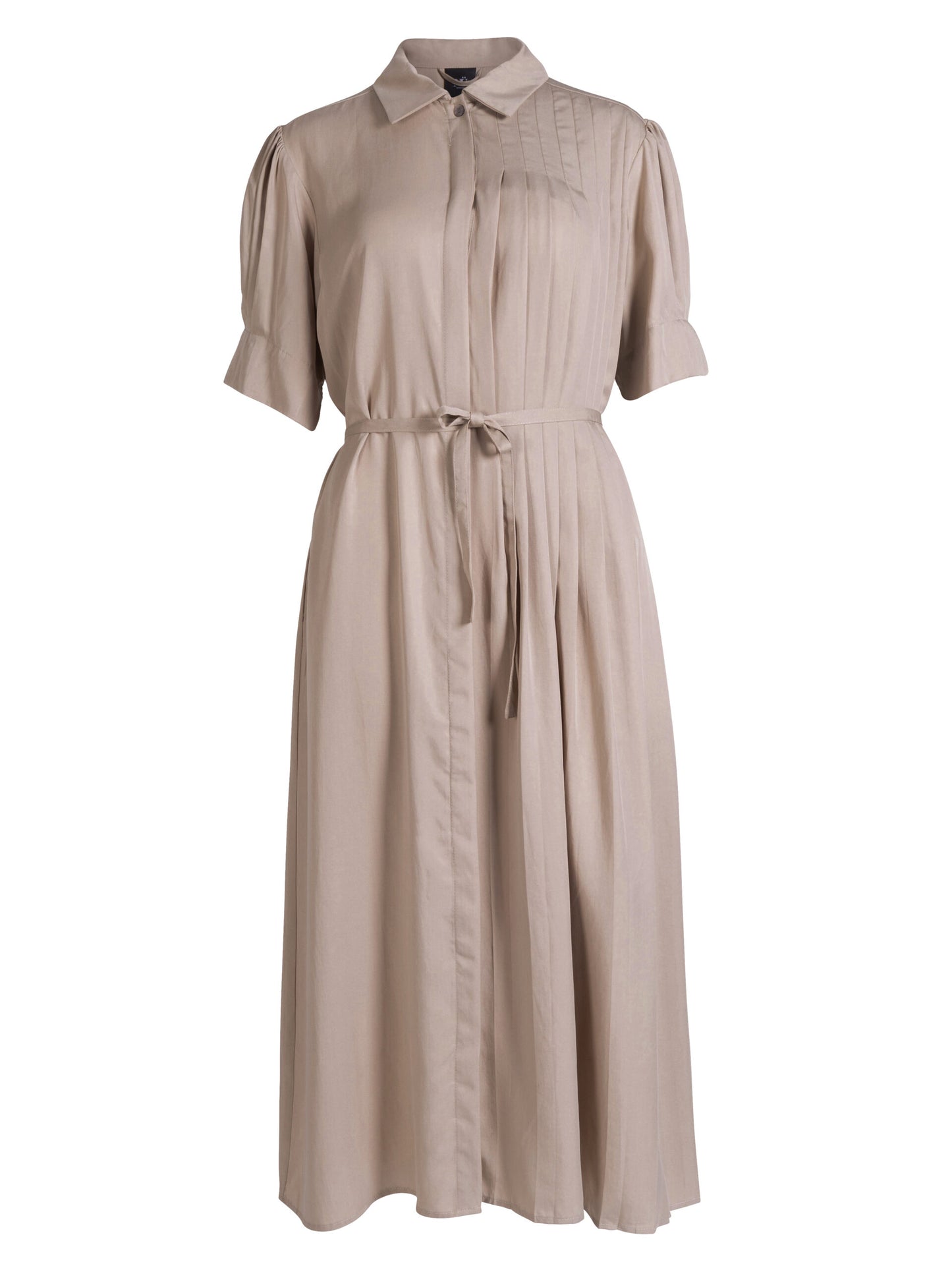 kortærmet beige kjole med krave, diskret knaplukning og bindebånd i taljen. NÜ Ymke Dress-6 Seasand 8327-26