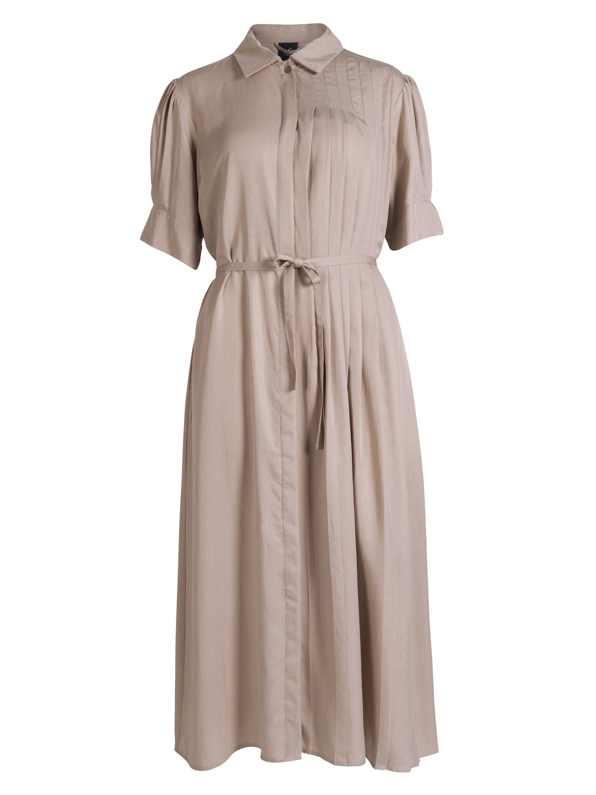 kortærmet beige kjole med krave, diskret knaplukning og bindebånd i taljen. NÜ Ymke Dress-6 Seasand 8327-26