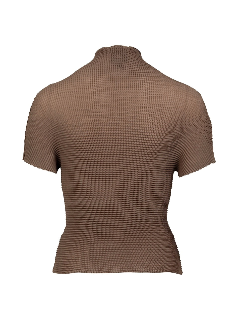 ryggen af brun strik t-shirt med korte ærmer og høj hals. NÜ Yonna Tee Mud 8347-52