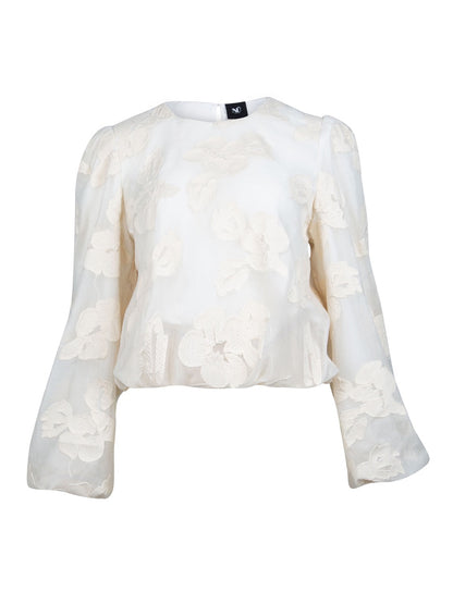 langærmet hvid bluse med rund hals, broderet blomsterdetaljer og ballonærmer. NÜ Yan Blouse creme 8353-50