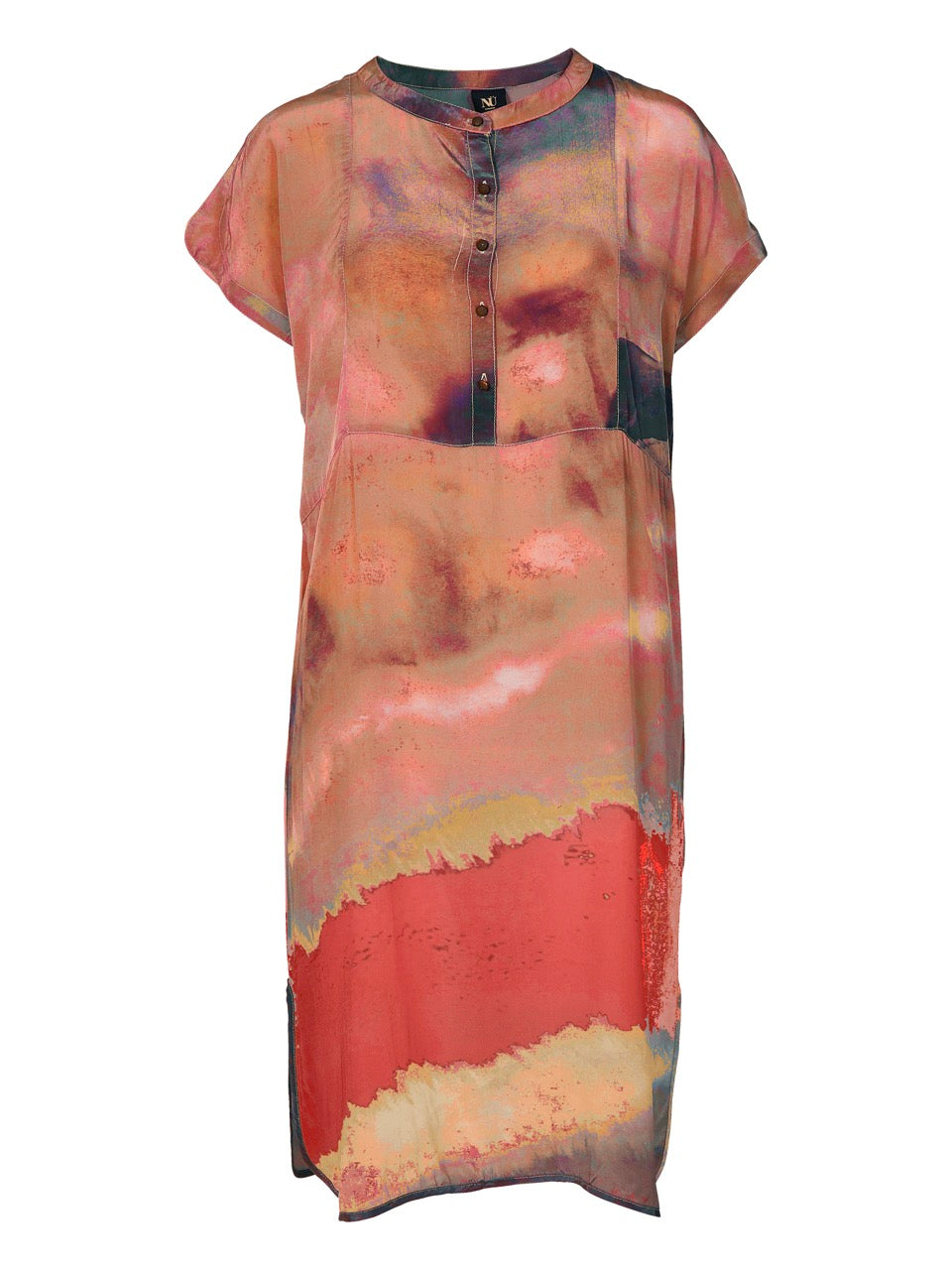 kortærmet mønstret kjole i røde nuancer med slids i siderne. NÜ Ziw kjole Terracotta Mix