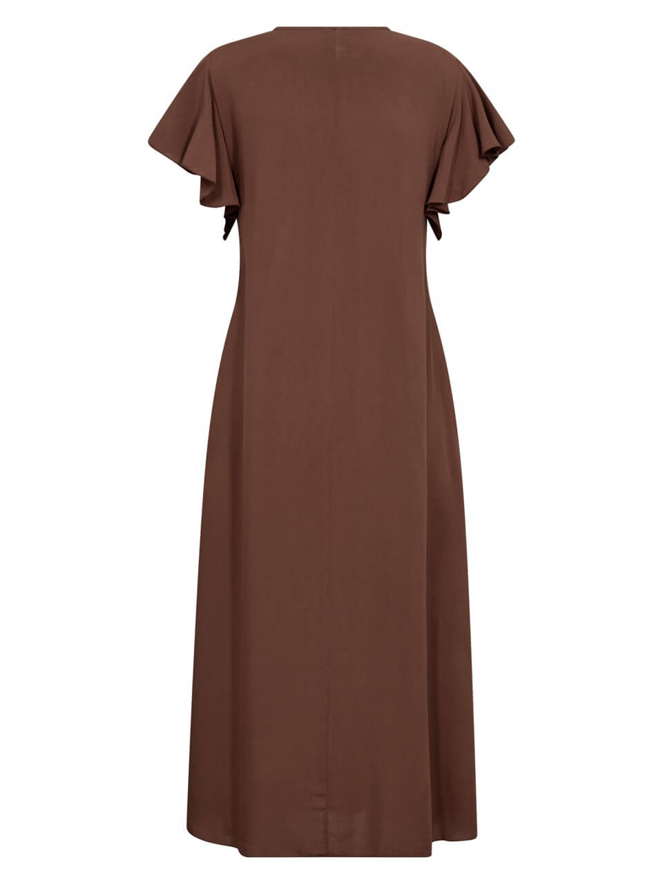 ryggen af brun kjole med korte flæsearmer og v-hals. NÜ Ana Dress Cappuccino