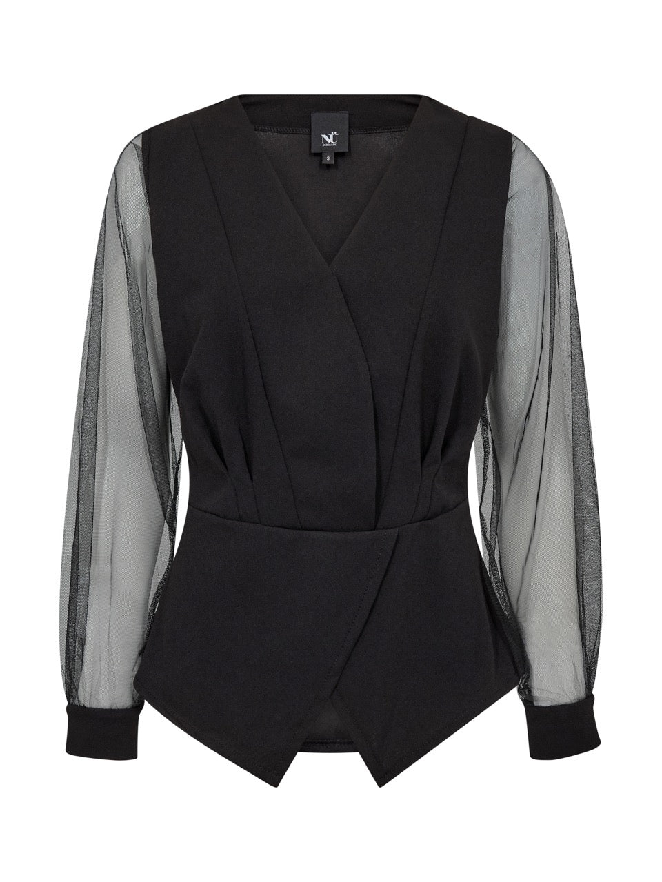 sort bluse med vhals og transparante ærmer. NÜ Bao Blouse Black