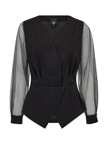 sort bluse med vhals og transparante ærmer. NÜ Bao Blouse Black