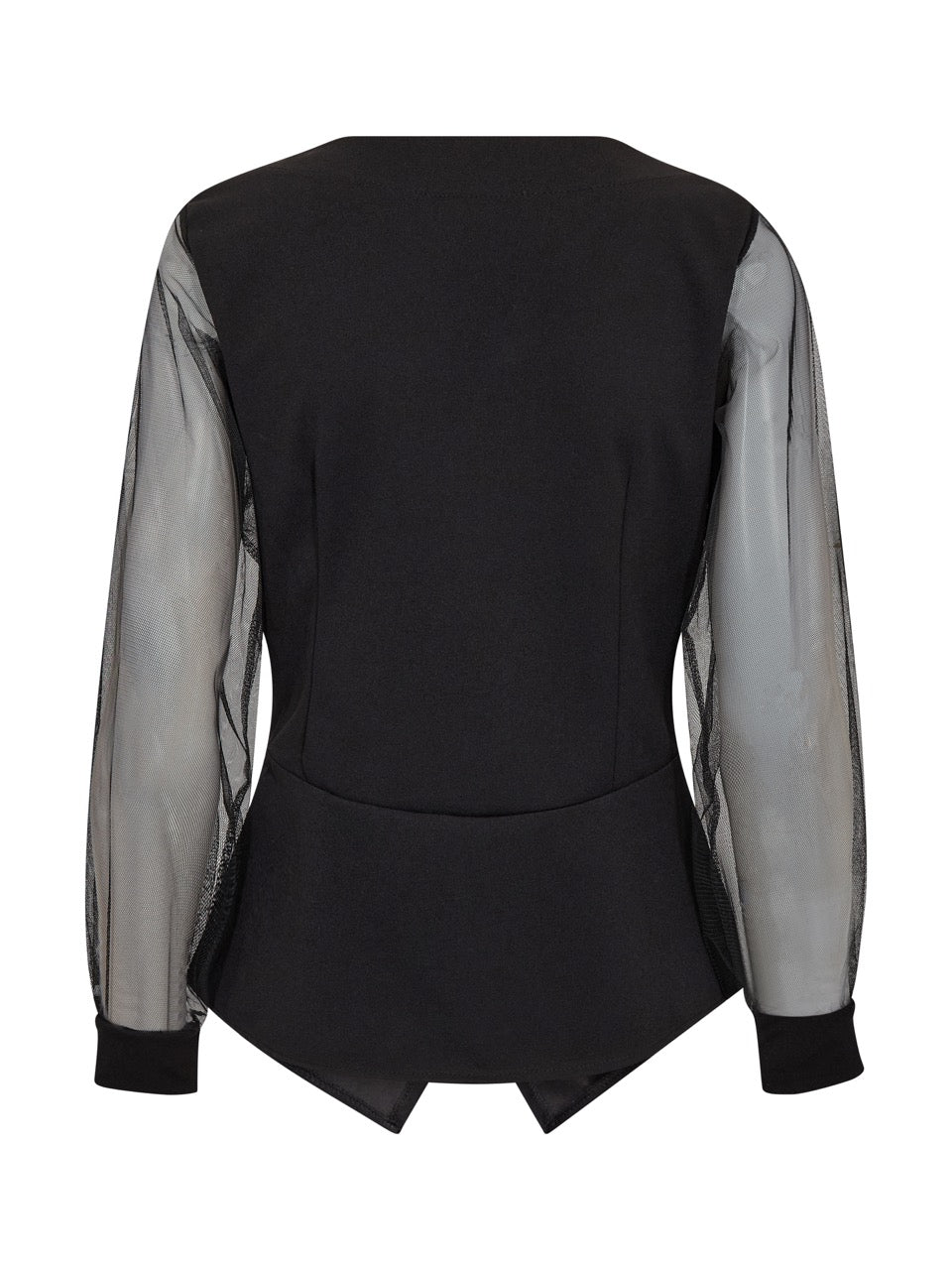 ryggen af sort bluse med vhals og transparante ærmer. NÜ Bao Blouse Black
