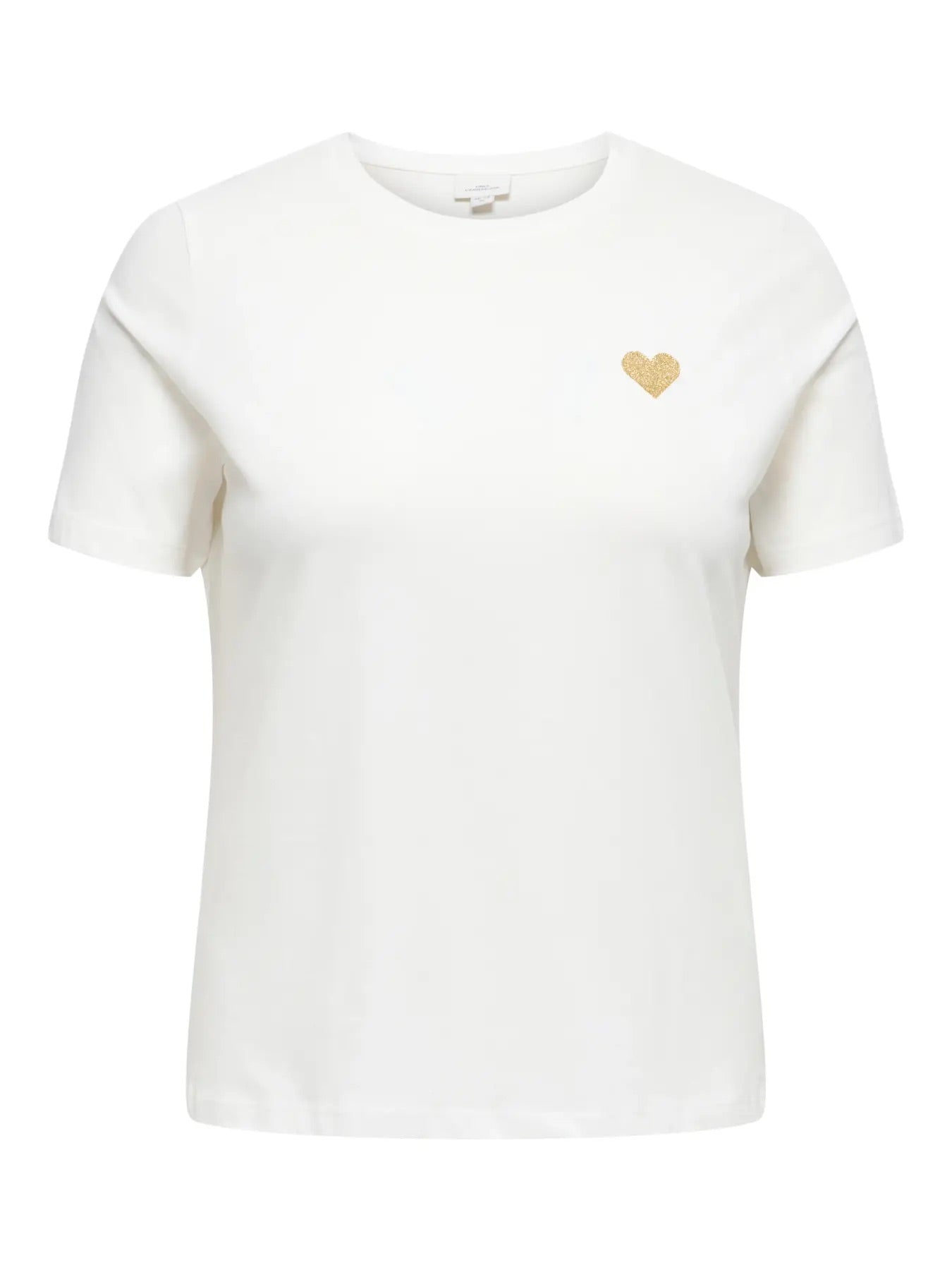 kortærmet hvid t-shirt med hjerte ONLY Carmakoma CARKITA S/S LOGO TOP Cloud Dancer Gold Glitter Heart