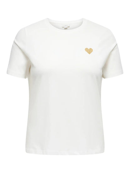 kortærmet hvid t-shirt med hjerte ONLY Carmakoma CARKITA S/S LOGO TOP Cloud Dancer Gold Glitter Heart
