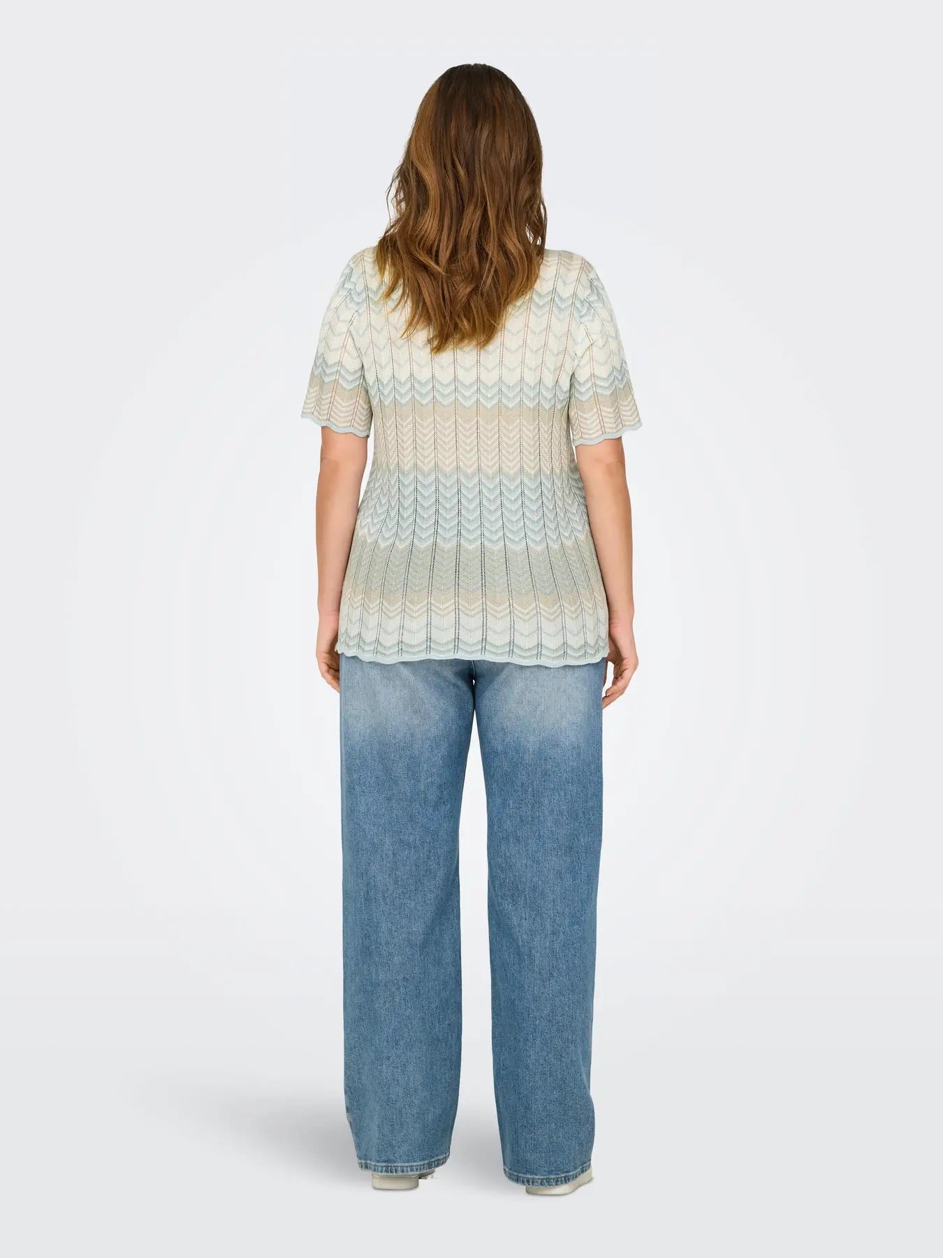 ryggen af model med mønstret t-shirt med glitter. ONLY Carmakoma CARALVIRA Glitter Knit Birch Blue