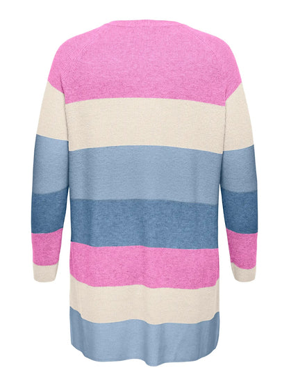 ryggen af stribet lang cardigan i pastelfarver ONLY Carmakoma CARATIJA Cardigan